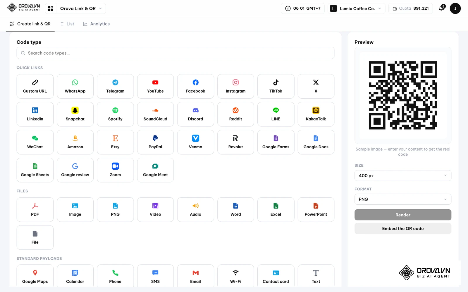 Scheda Create link & QR di Orova Link & QR: scelta del Code type con la casella Search code types…, gruppi Quick links (Custom URL, WhatsApp, YouTube, Facebook e altri), Files (PDF, Image, Excel e altri) e Standard payloads (Wi-Fi, Contact card, Email e altri), a destra l'anteprima Preview con Size e Format.
