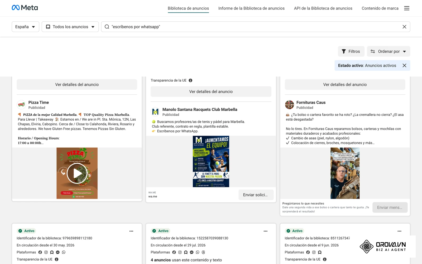Biblioteca de anuncios de Meta: anuncios reales activos en España que invitan a escribir por WhatsApp, tal como se ven en Facebook e Instagram.
