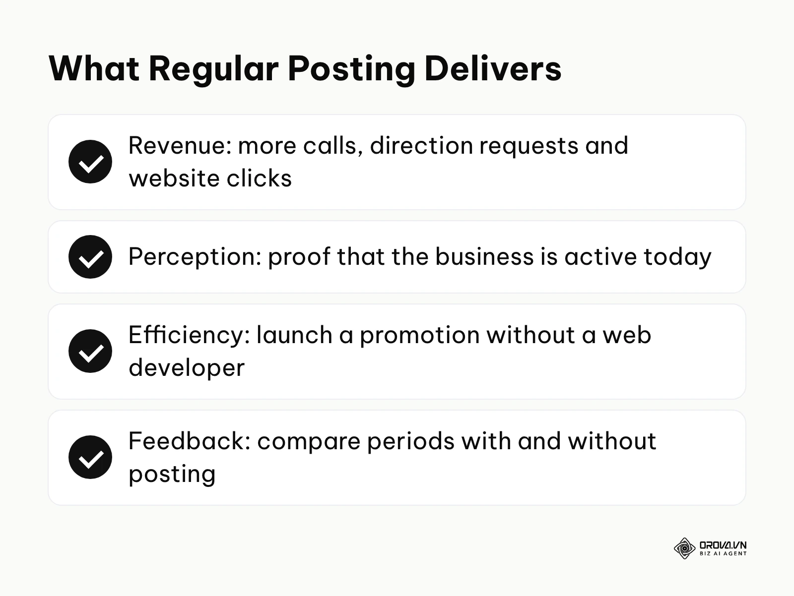 Summary of the business and operational benefits of regular Google Business Profile posts.