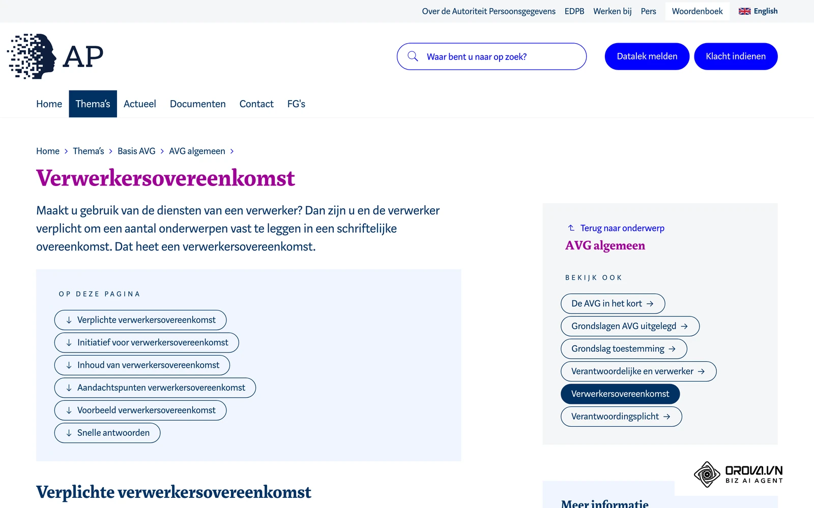 De pagina 'Verwerkersovereenkomst' van de Autoriteit Persoonsgegevens, met de onderwerpen die je met een verwerker vastlegt.