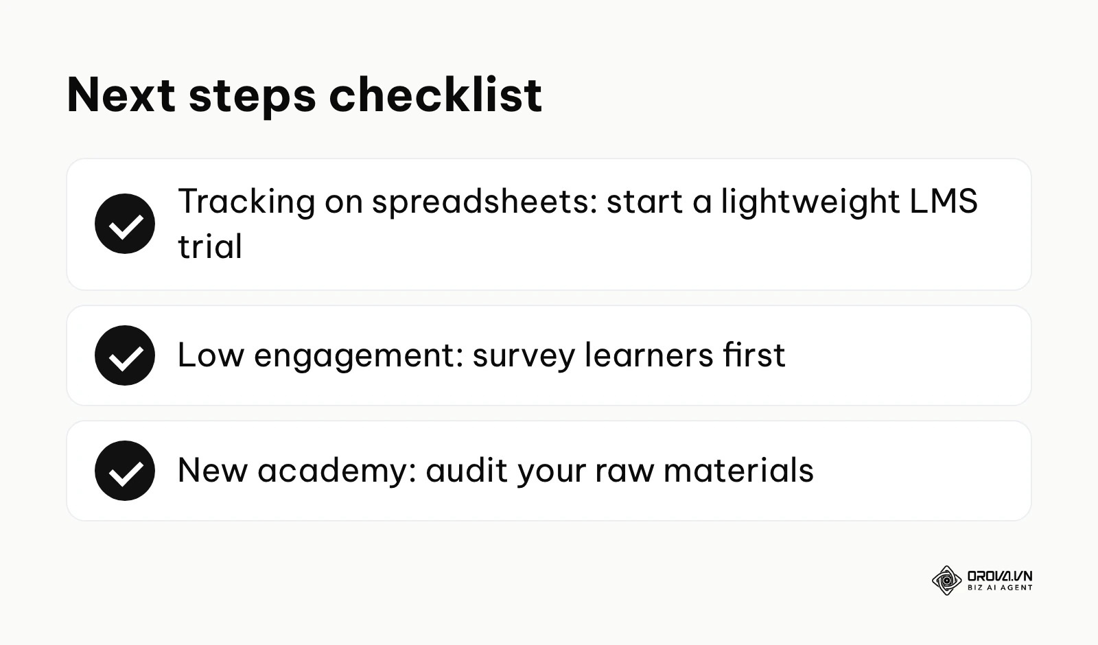 Checklist of next steps for choosing training software