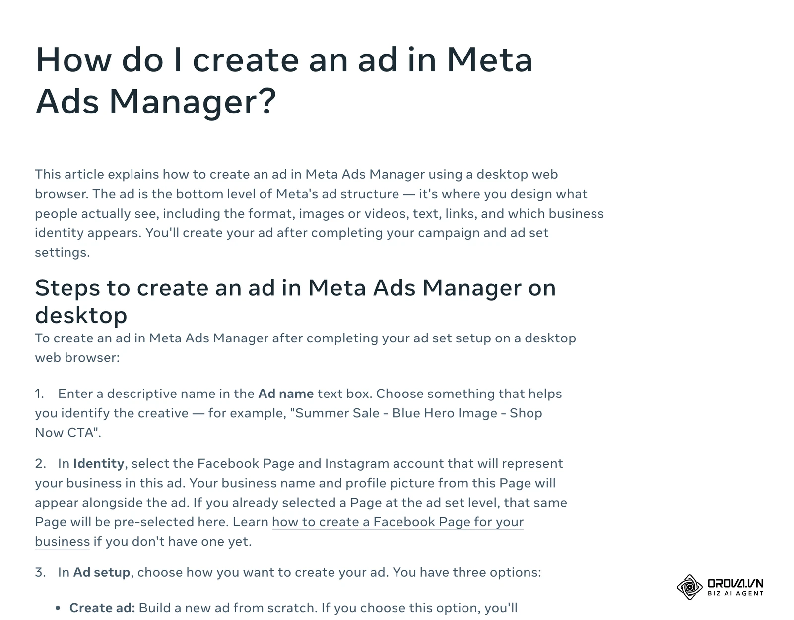 Center za pomoč Meta (angleško): »How do I create an ad in Meta Ads Manager?« – Ad name, Identity in Ad setup.