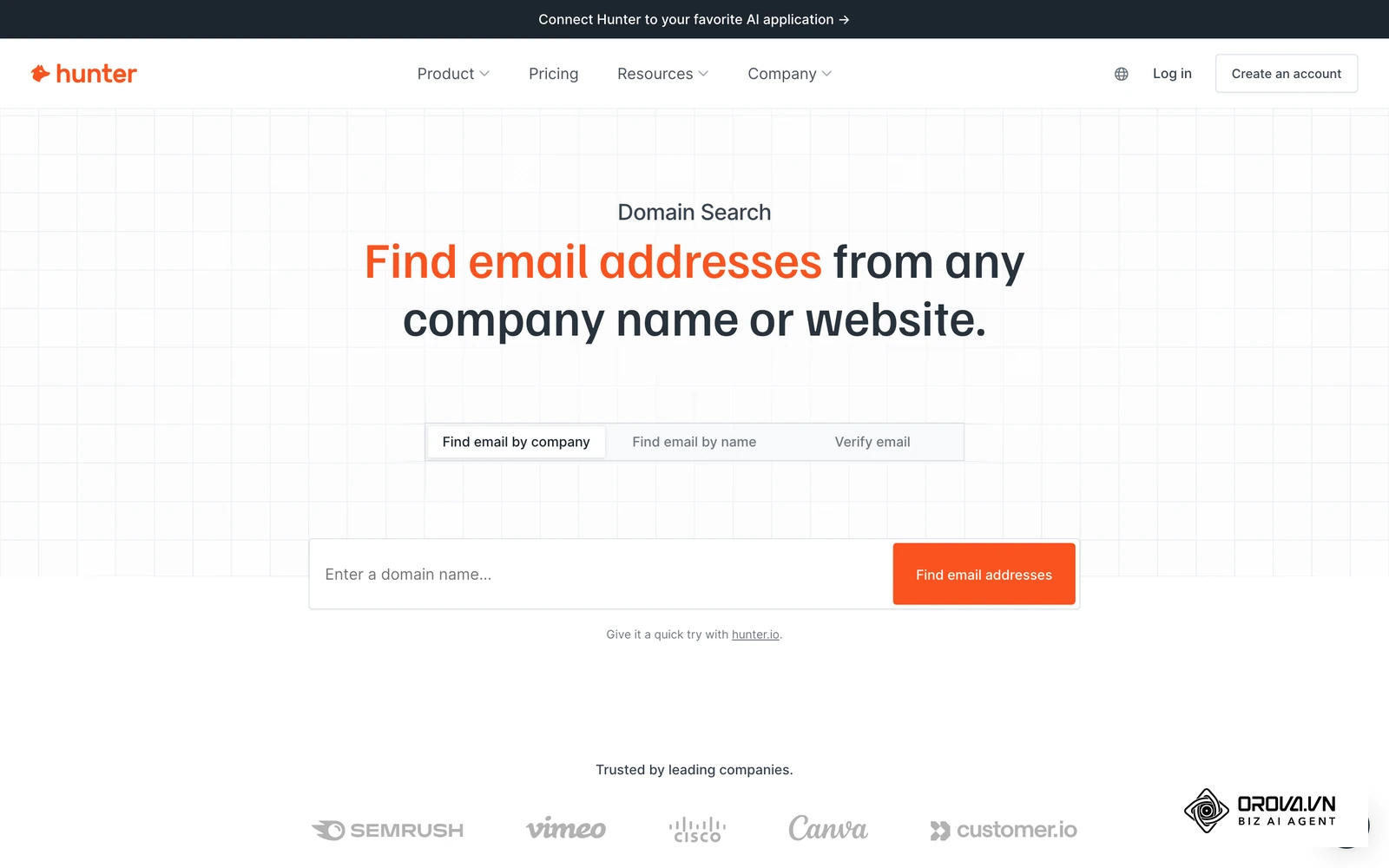 Trang Domain Search của Hunter: công cụ tra các địa chỉ email đã công khai trên web theo tên miền công ty.