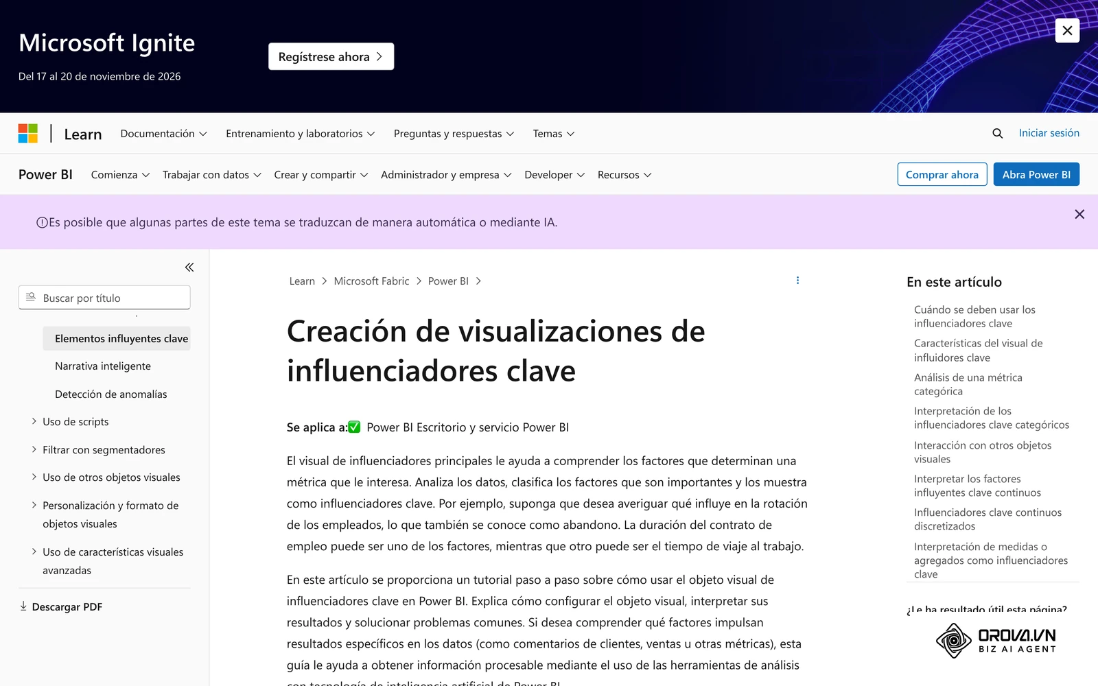 Documentación oficial del visual de elementos clave influyentes, que usa aprendizaje automático para explicar una métrica.