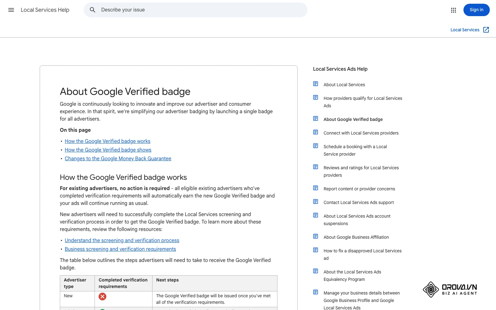 Google's Local Services Help Center page explaining how the single Google Verified badge works.