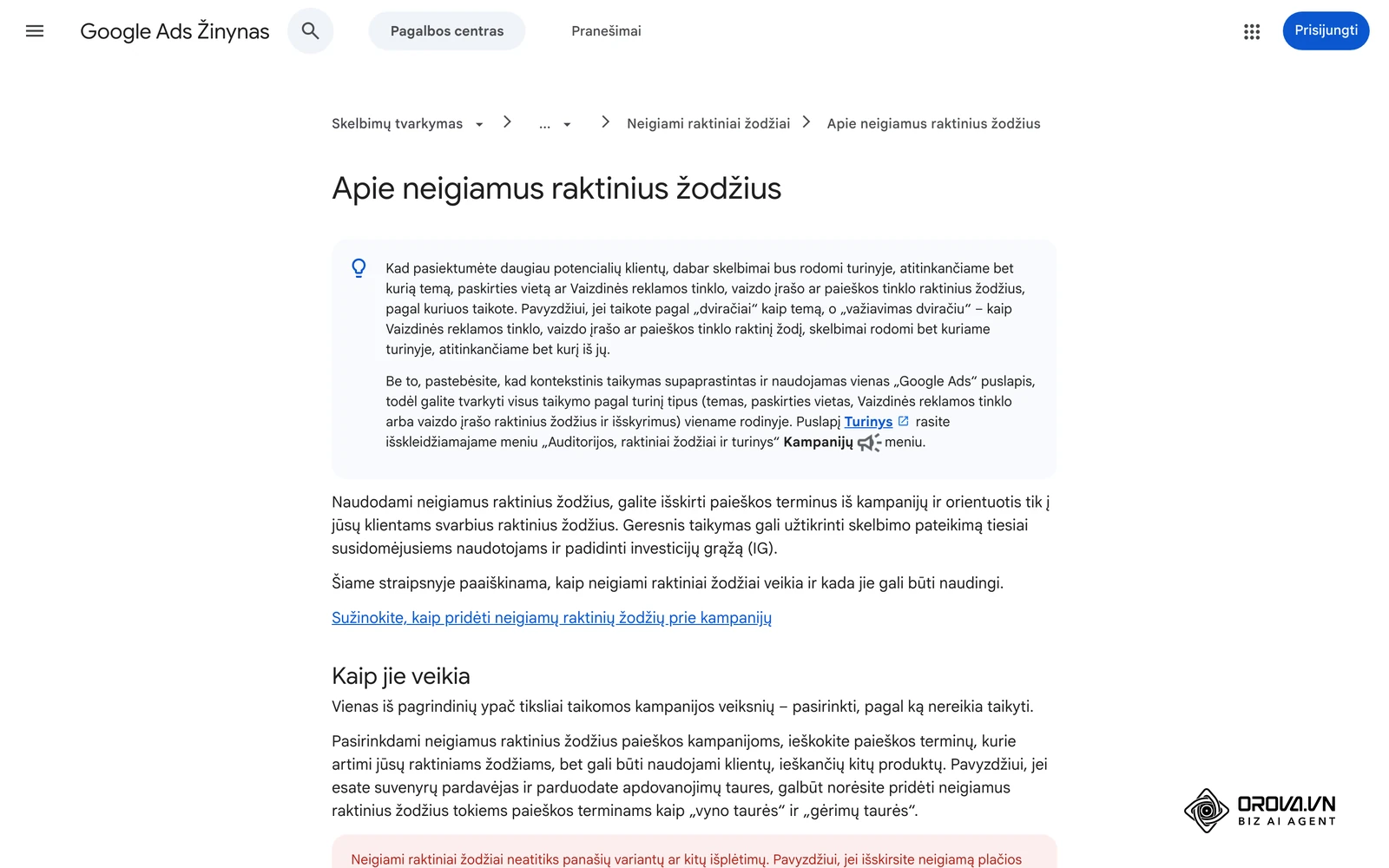 „Google Ads“ pagalbos centras apie neigiamus raktinius žodžius.