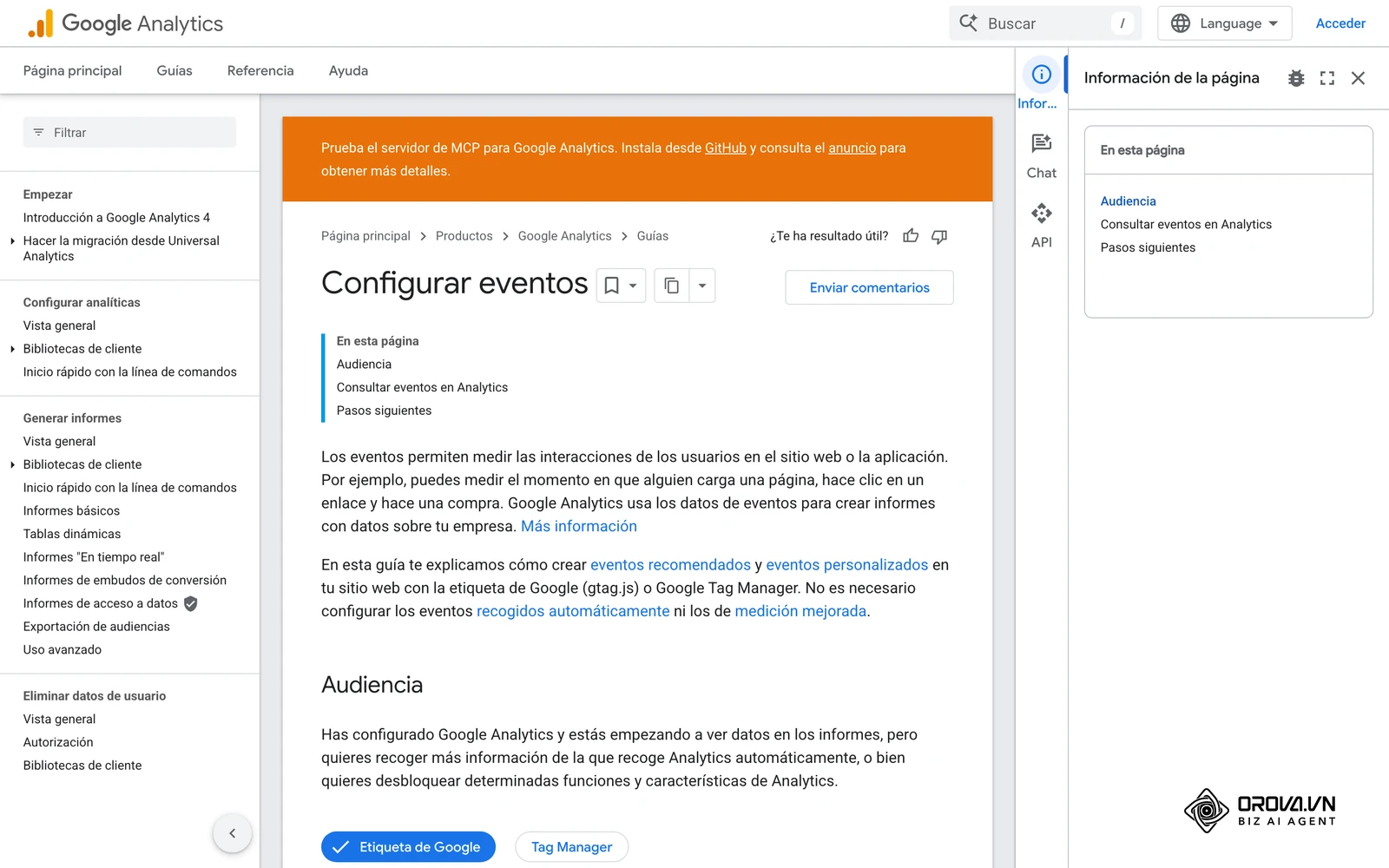 Documentación oficial de Google Analytics 4 sobre el envío de eventos para medir las acciones de los usuarios.