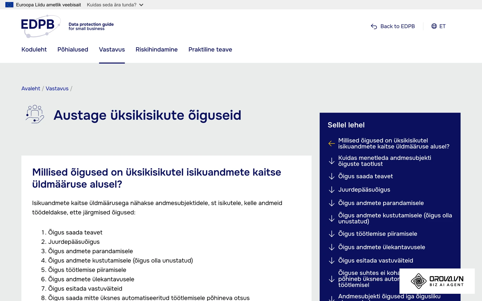 EDPB VKE juhendi eestikeelne leht „Austage üksikisikute õiguseid“, sh õigus esitada vastuväide otseturundusele.