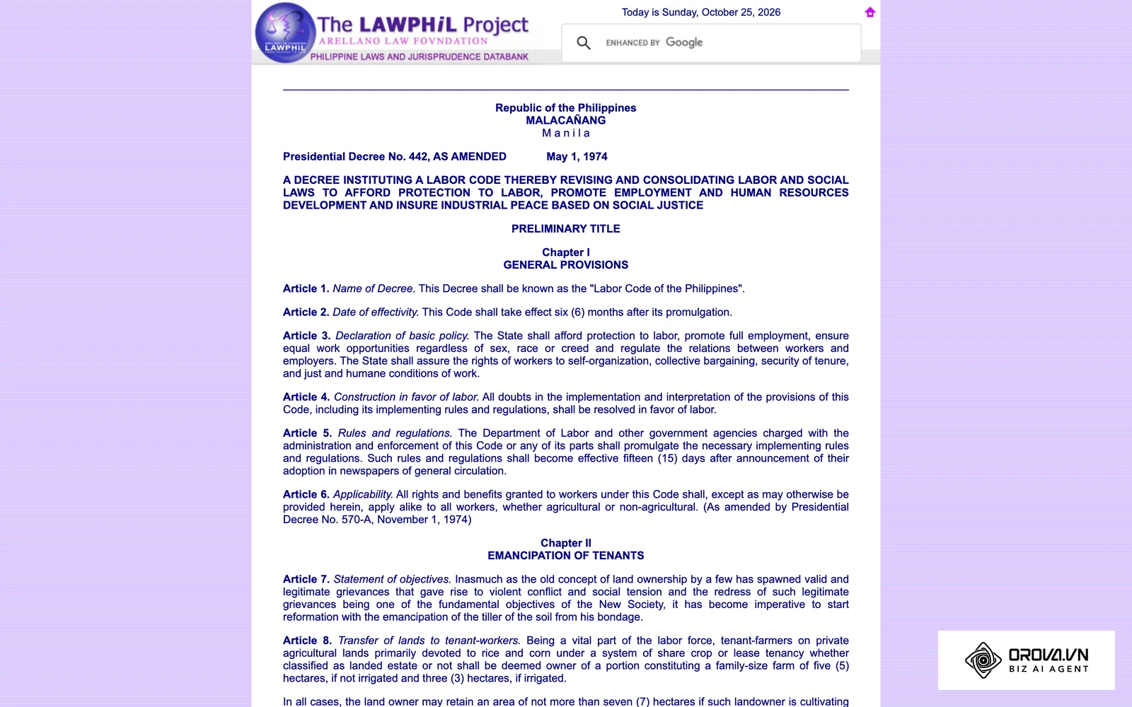 Ang teksto ng Labor Code of the Philippines (Presidential Decree No. 442) sa Lawphil; dito nakasaad ang mga panuntunan sa oras ng trabaho na dapat masalamin ng iyong DTR.