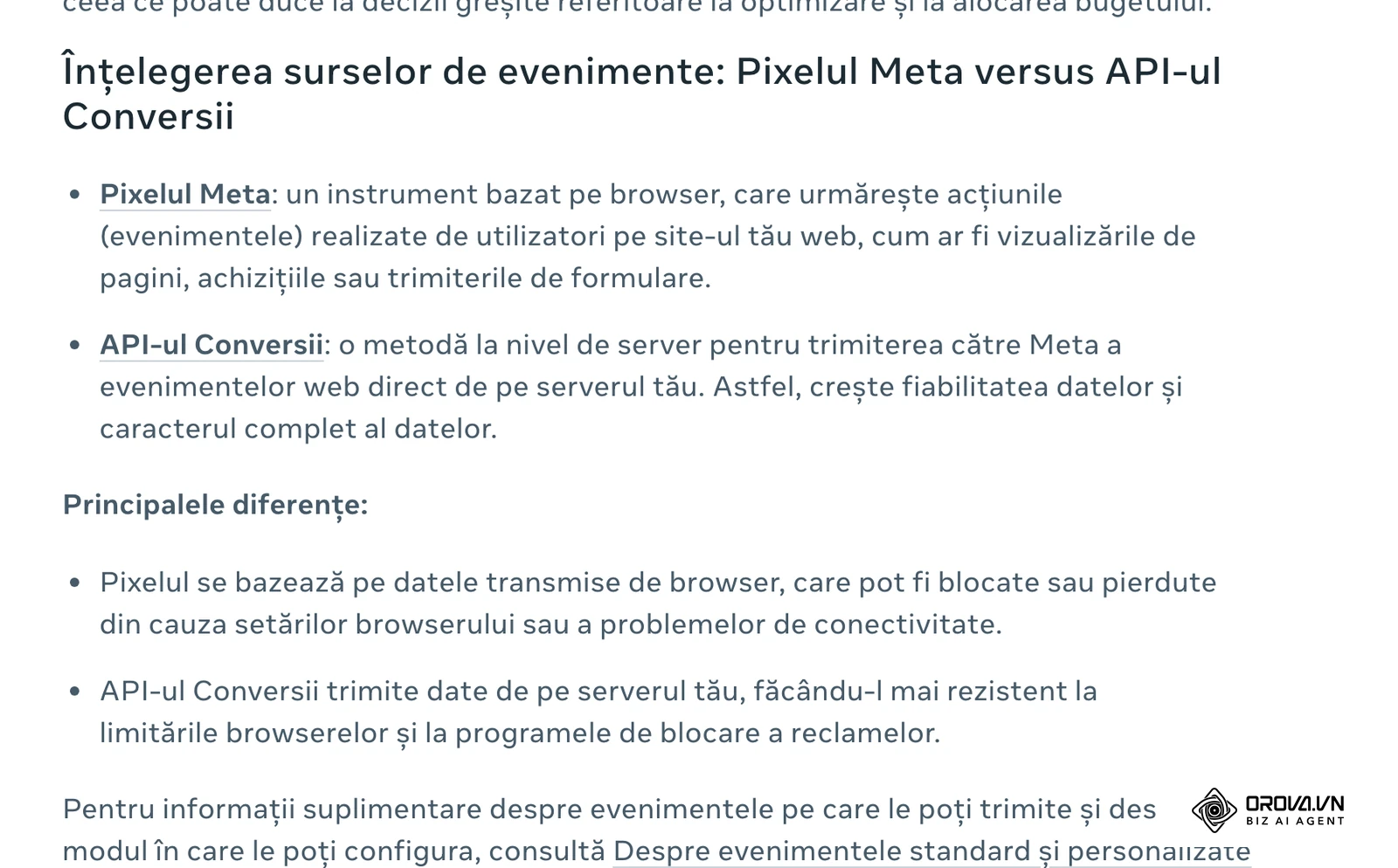 Centrul de ajutor Meta, în română: diferența dintre Pixelul Meta (browser) și API-ul Conversii (server), din articolul despre eliminarea dublurilor.