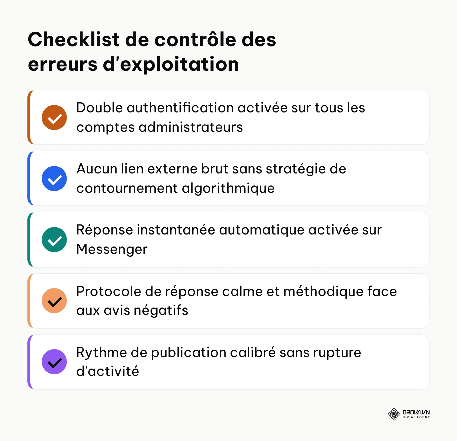Liste récapitulative des cinq points de contrôle essentiels pour éviter les erreurs courantes de gestion.