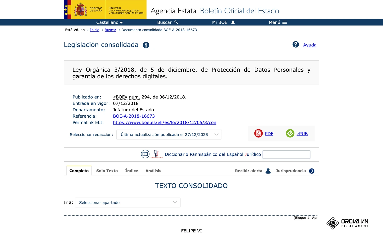 Text consolidat de la Llei Orgànica 3/2018, de protecció de dades personals i garantia dels drets digitals (LOPDGDD), al Butlletí Oficial de l'Estat (BOE).