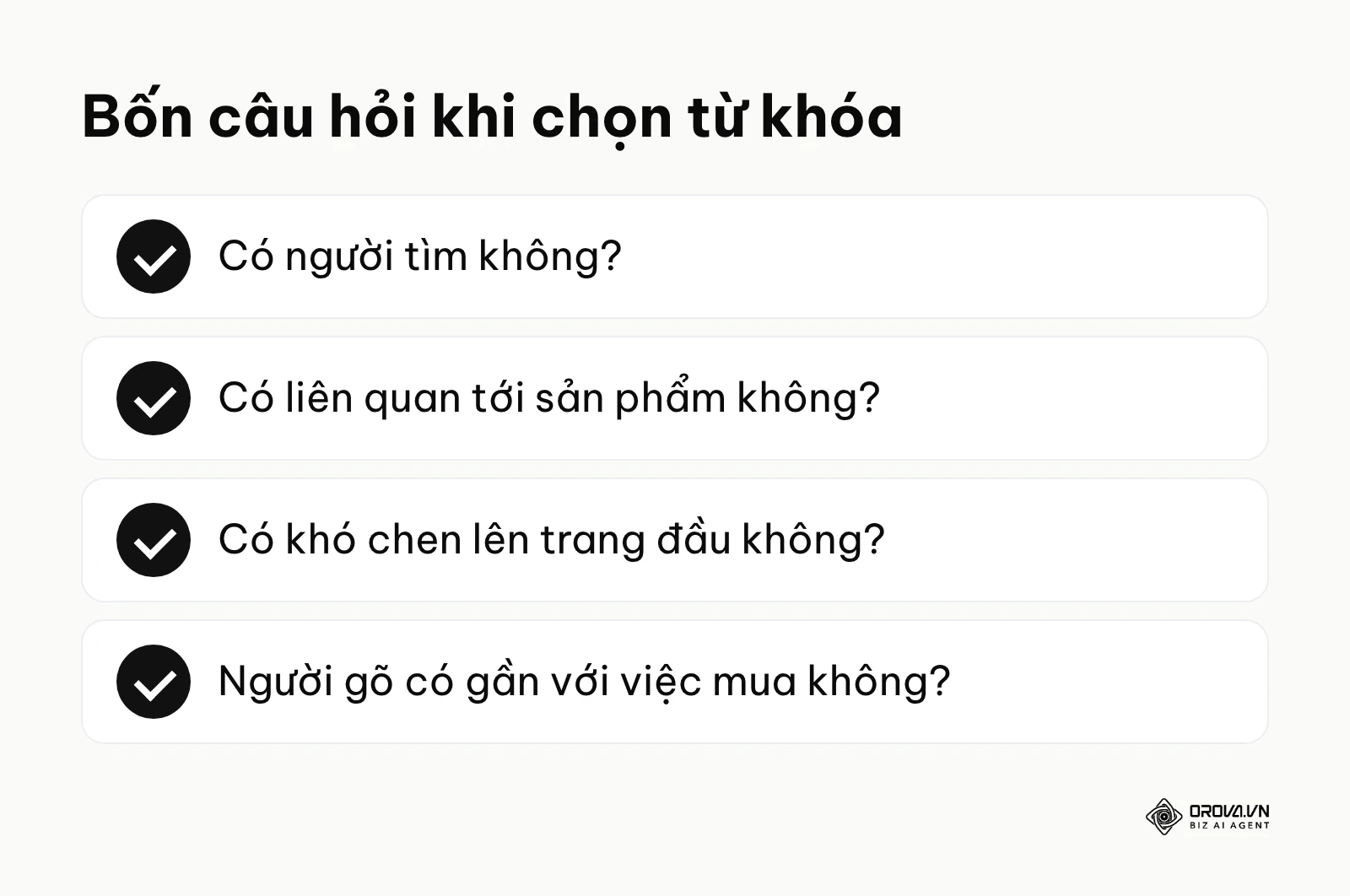 Bốn câu hỏi chấm điểm từ khóa: lượt tìm, mức liên quan, độ khó, mức gần với mua