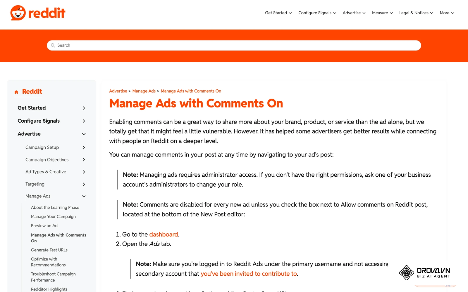 Reddit Ads help center page on managing ads with comments turned on, including where to allow comments in the post editor.