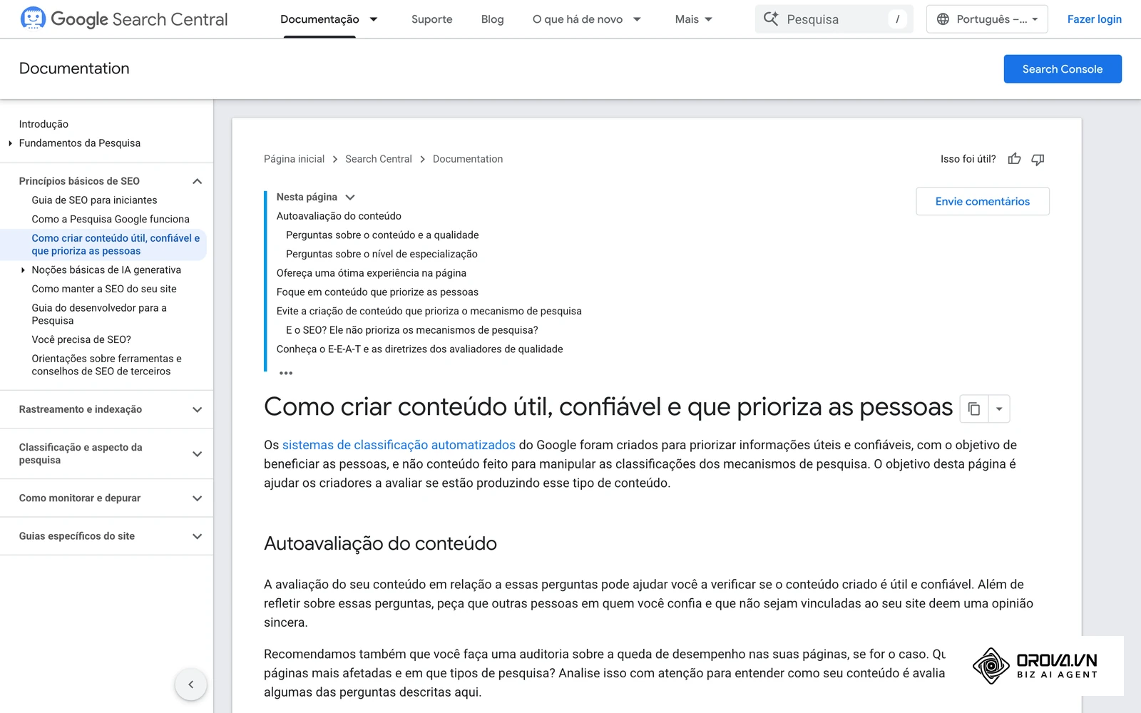 Página oficial do Google "Como criar conteúdo útil, confiável e que prioriza as pessoas", com as perguntas de autoavaliação usadas no Passo 4.
