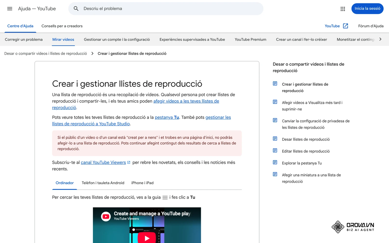 Pàgina d'ajuda oficial de YouTube en català «Crear i gestionar llistes de reproducció», amb la pestanya Tu i l'opció d'afegir vídeos a una llista.