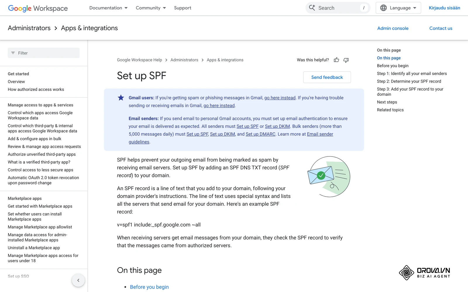 Google Workspacen virallinen ohje SPF-tietueen määrittämiseen verkkotunnuksen nimipalvelussa.