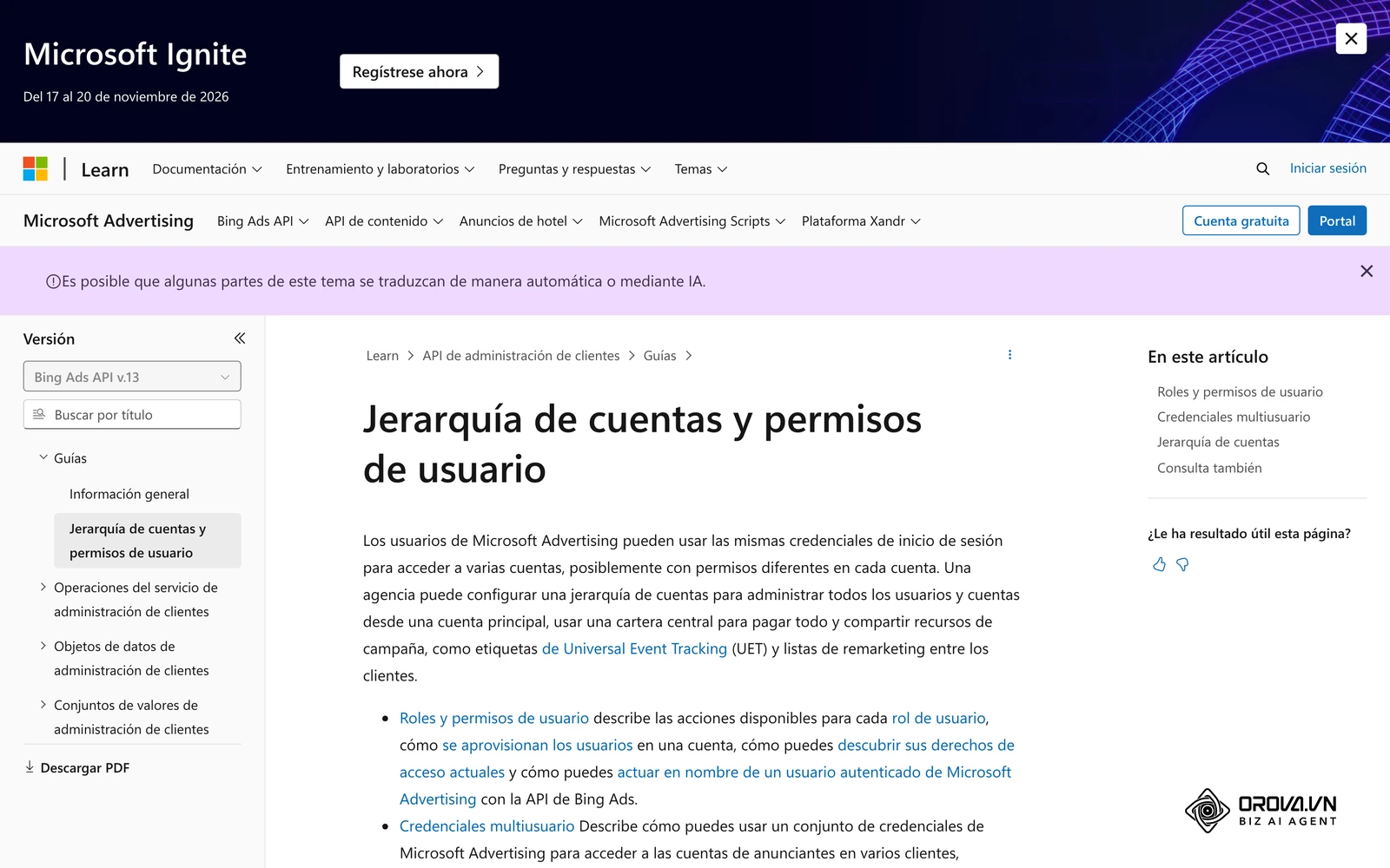 Microsoft Advertising documenta los permisos por cuenta para que agencias y clientes trabajen sin compartir contraseñas.