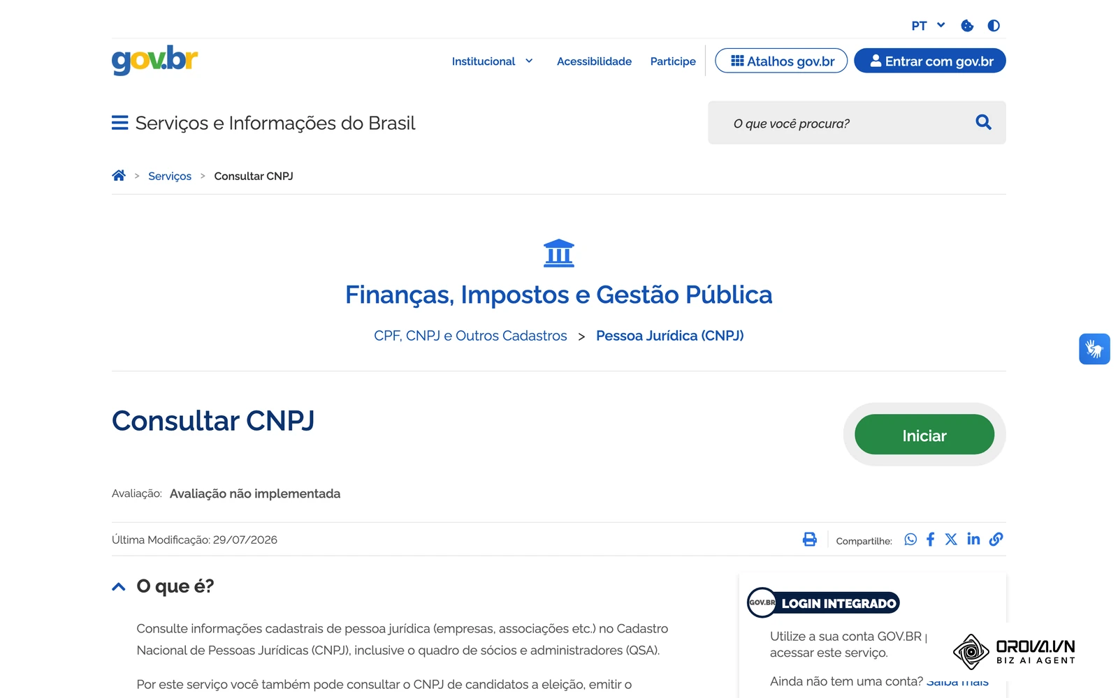 Página oficial do gov.br para consultar o CNPJ, onde se confere a situação cadastral usada como critério eliminatório.