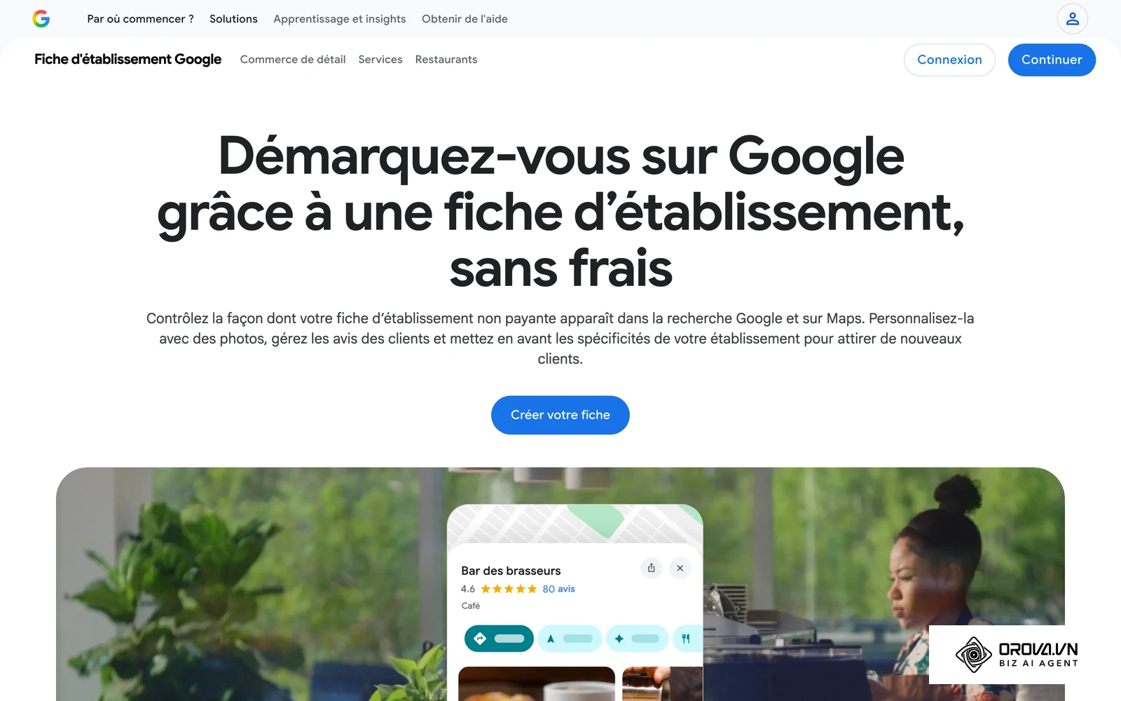 Page officielle de la Fiche d'établissement Google montrant l'aperçu d'une fiche (note, avis, boutons d'action) sur la recherche Google et Maps.