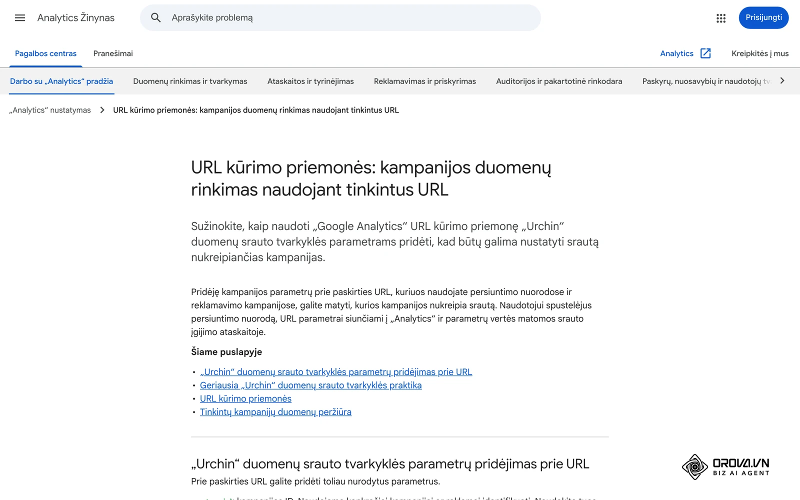 „Google Analytics“ žinyno puslapis lietuvių kalba apie URL kūrimo priemones ir kampanijos duomenų rinkimą su UTM parametrais.