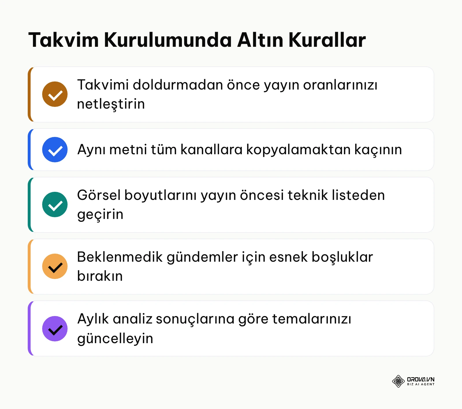 Sosyal medya içerik takvimi hazırlarken dikkat edilmesi gereken temel prensipler özeti.