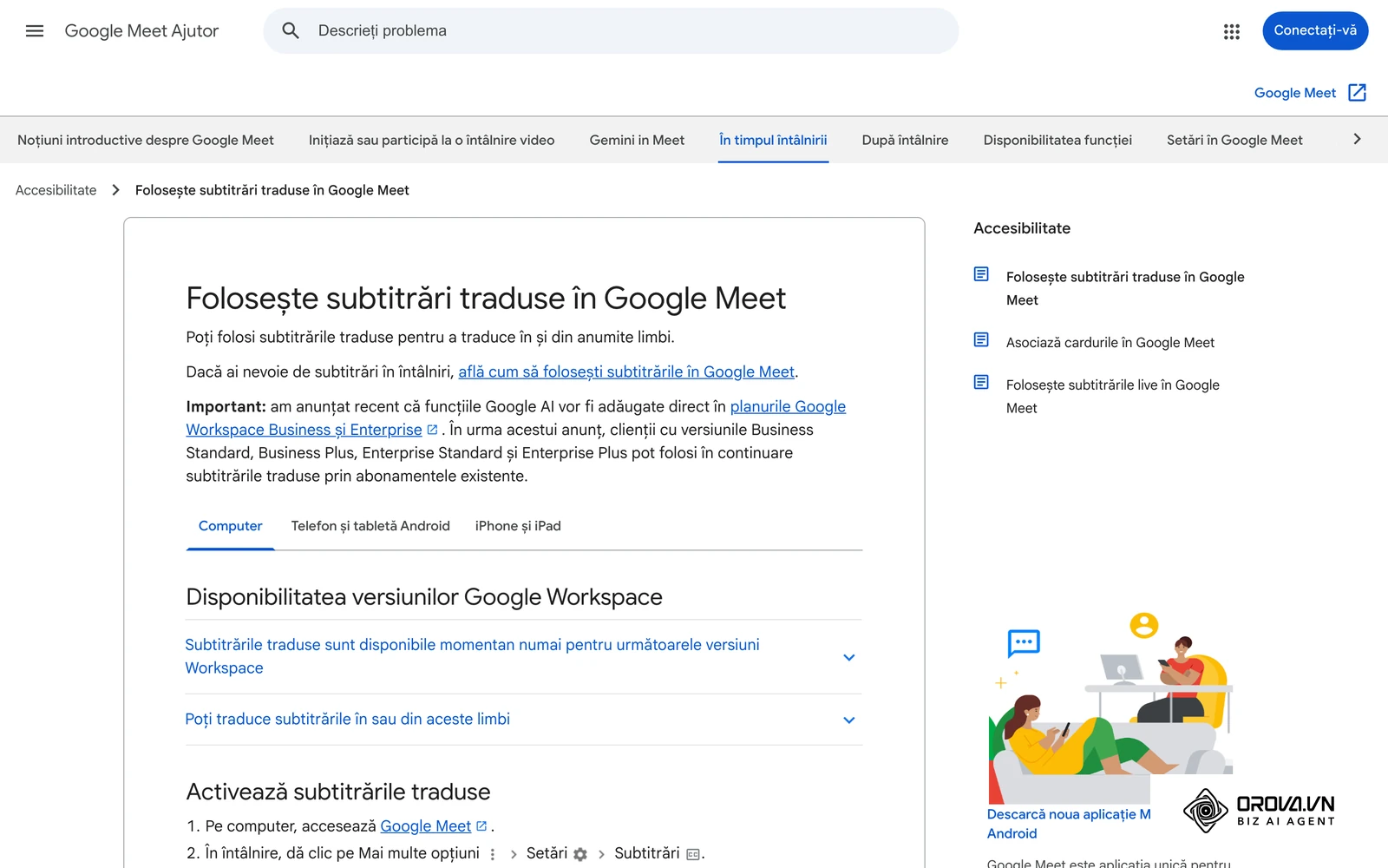 Pagina de ajutor Google Meet în limba română despre subtitrările traduse în timpul unei ședințe