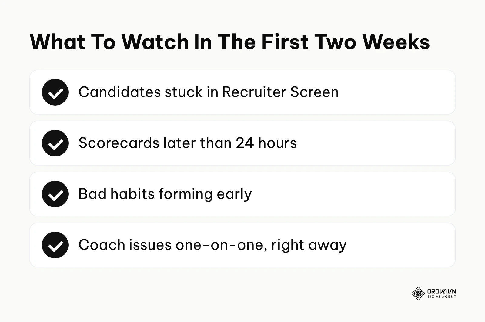 Checklist for the first two weeks after go-live: candidates stuck in recruiter screen, late scorecards, early bad habits, and one-on-one coaching.