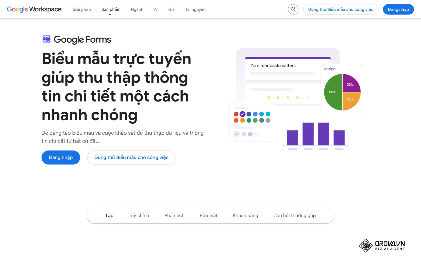 Trang giới thiệu Google Forms, một công cụ tạo phiếu khảo sát trực tuyến có thể dùng để thu thập nhu cầu đào tạo của nhân viên.