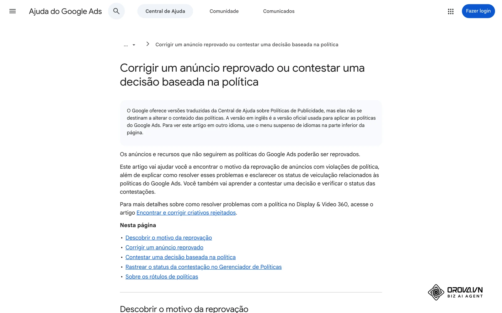Página oficial para corrigir um anúncio reprovado ou contestar uma decisão baseada na política no Google Ads.