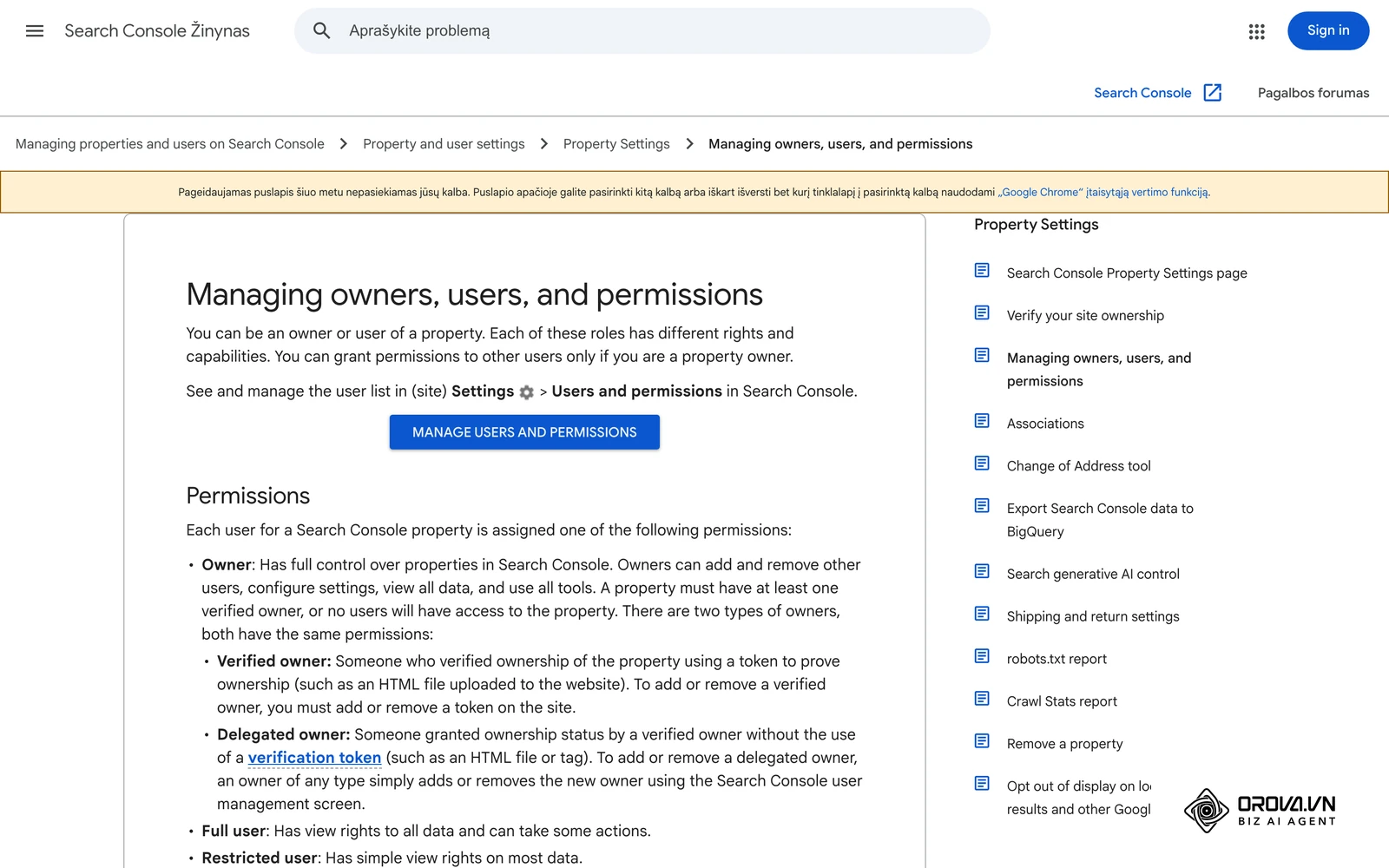 Search Console pagalbos centras: savininkų, naudotojų ir leidimų valdymas (Settings › Users and permissions).