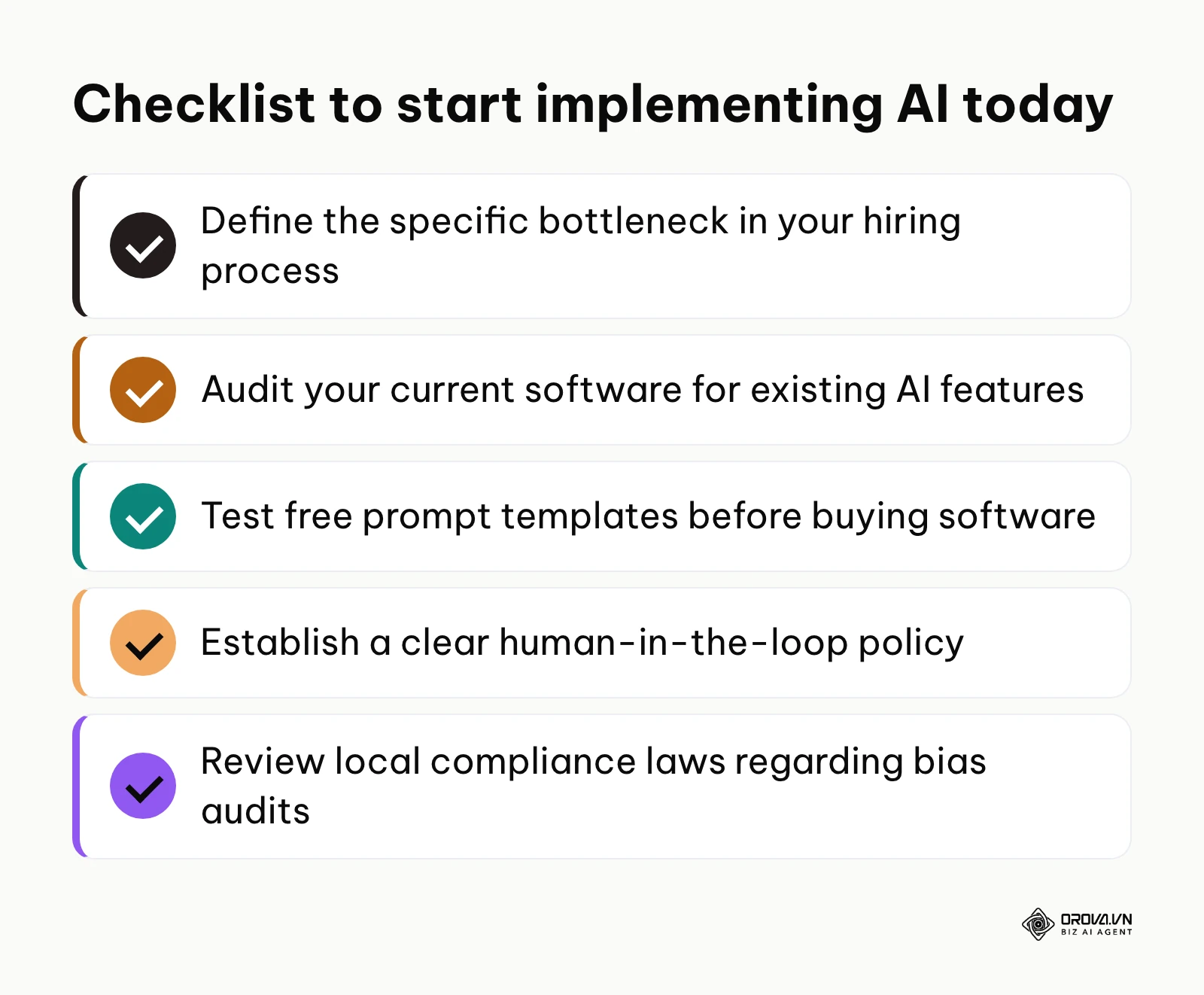 A summary checklist of 5 steps to start implementing AI.
