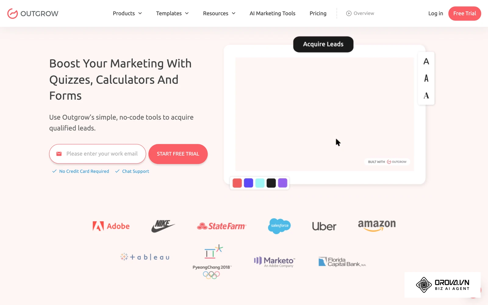Outgrow's homepage presents its calculators, quizzes and other interactive content.