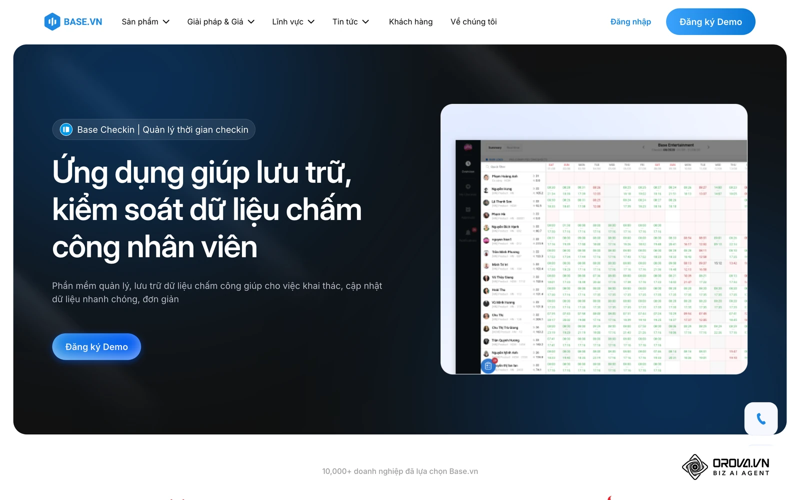 Trang giới thiệu Base Checkin, một phần mềm chấm công trên nền tảng đám mây.