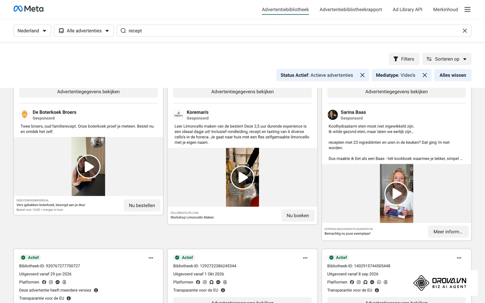 Meta Advertentiebibliotheek, filter video en Nederland: korte verticale video-advertenties rond recepten, zoals merken ze nu inzetten.