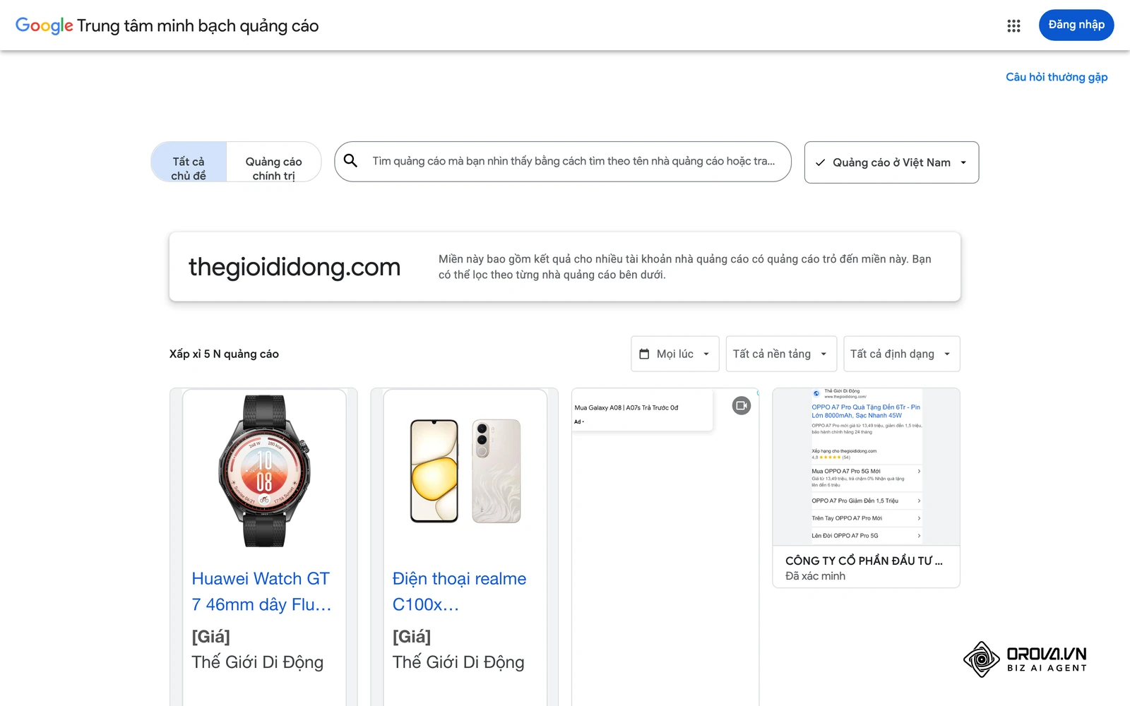 Trung tâm minh bạch quảng cáo Google (Việt Nam), tên miền thegioididong.com: khoảng 5 nghìn mẫu quảng cáo Google thật đang trỏ về miền này, gồm quảng cáo mua sắm và quảng cáo tìm kiếm