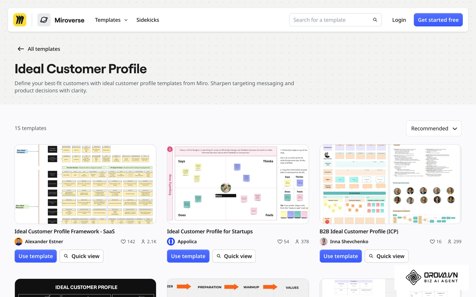 Sjabloon voor een ideal customer profile in de templatebibliotheek van Miro, met vaste velden voor bedrijfskenmerken en koopsignalen.