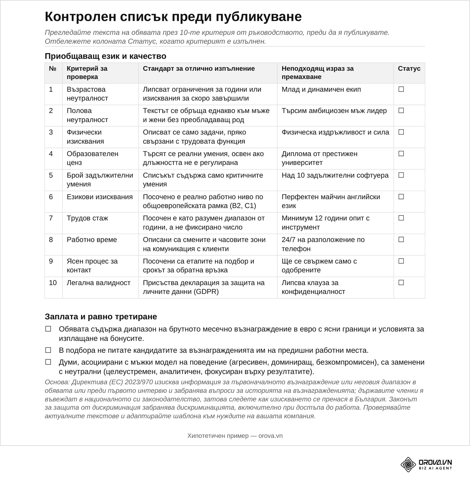 Страница 4 от файла за изтегляне: контролният списък от 10 критерия за приобщаващ език и качество с колона Статус и проверките за заплата и равно третиране.