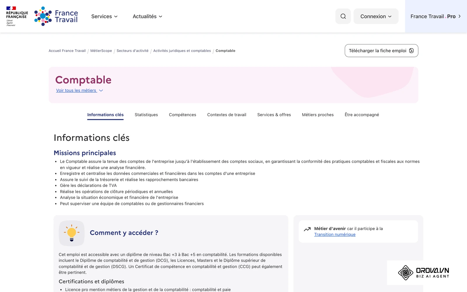 Fiche métier ROME « Comptabilité » (M1203) sur le Métierscope de France Travail, utile pour choisir un intitulé de poste reconnu.