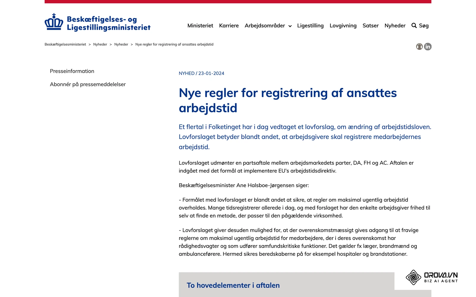 Beskæftigelsesministeriets nyhed fra januar 2024 om de nye regler for registrering af ansattes arbejdstid.