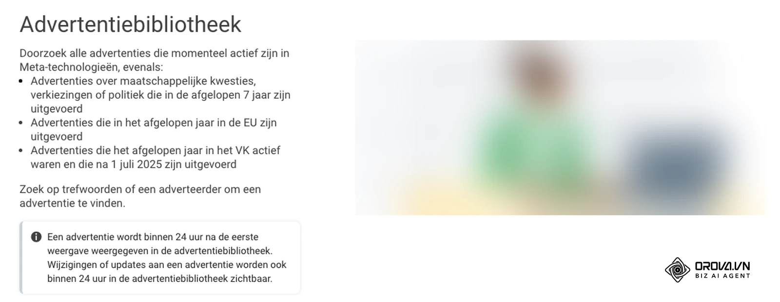 De startpagina van de Meta Advertentiebibliotheek in het Nederlands: welke advertenties erin staan en de 24-uursregel (illustratie vervaagd).