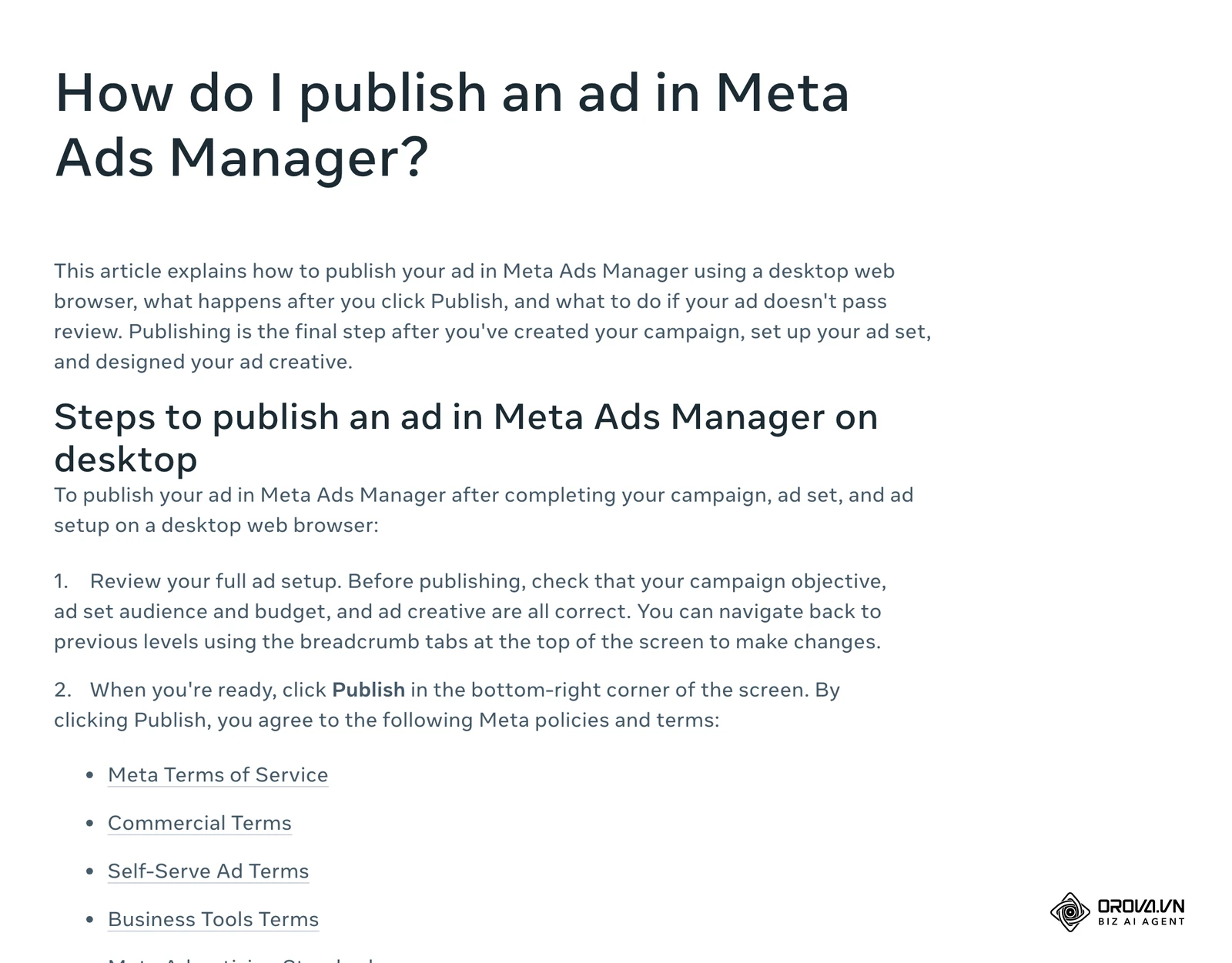 Center za pomoč Meta (angleško): »How do I publish an ad in Meta Ads Manager?« – pregled nastavitev in gumb Publish.