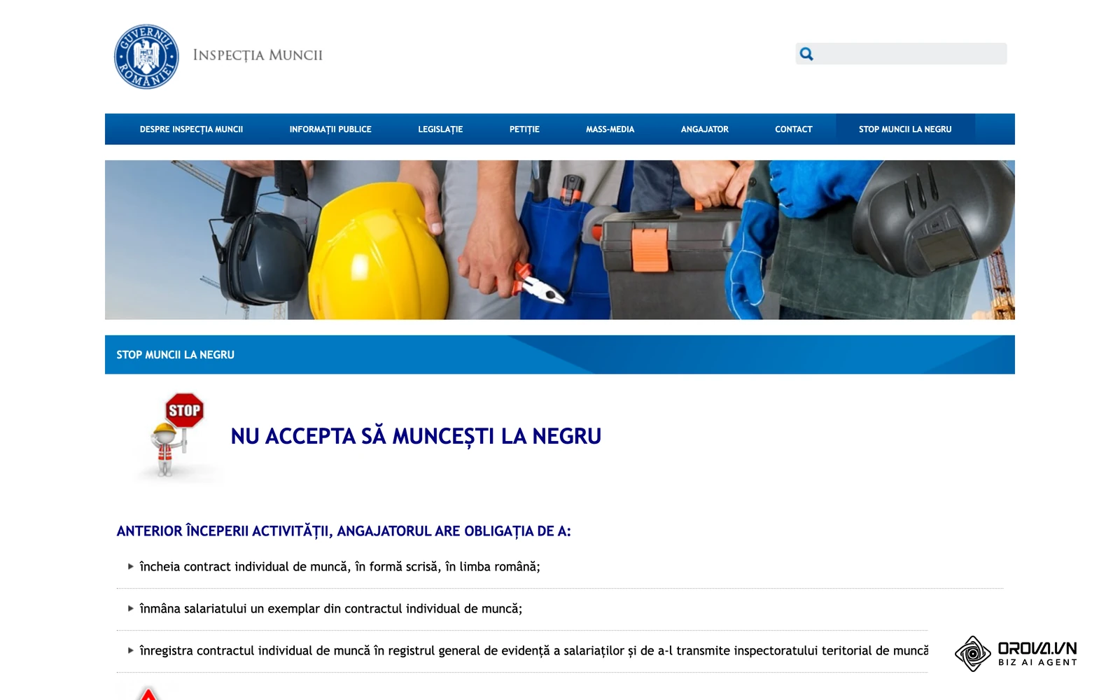 Secțiunea „Stop muncii la negru” de pe site-ul Inspecției Muncii, dedicată muncii nedeclarate.