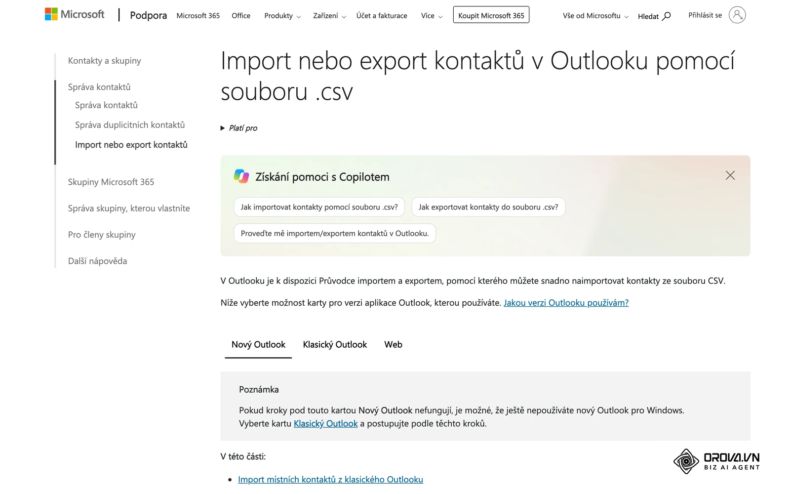 Oficiální návod Microsoftu k exportu kontaktů z Outlooku do souboru CSV, prvnímu kroku převodu do CRM.