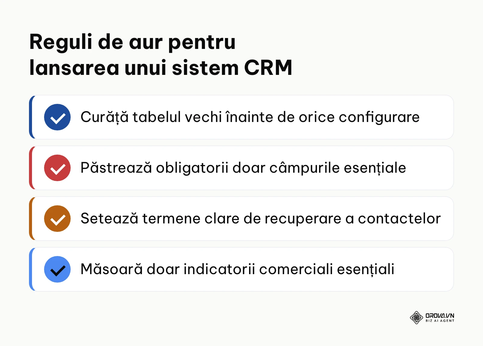 Listă de verificare rapidă cu patru principii fundamentale pentru pornirea unui CRM