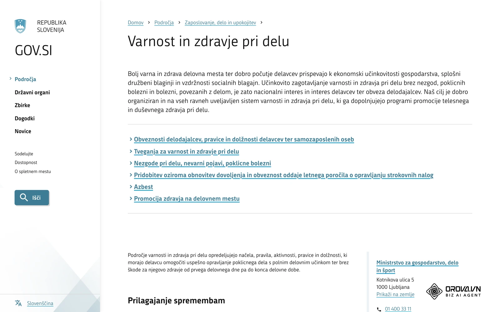 Vladna stran o varnosti in zdravju pri delu, ki povzema obveznosti delodajalca po ZVZD-1, vključno z usposabljanjem za varno delo.