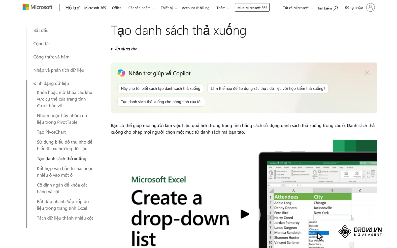 Trang hướng dẫn tạo danh sách thả xuống của Microsoft Support, có ví dụ Excel chọn giá trị từ danh sách: cùng cách làm ô chọn Tháng và Năm của bảng chấm công.