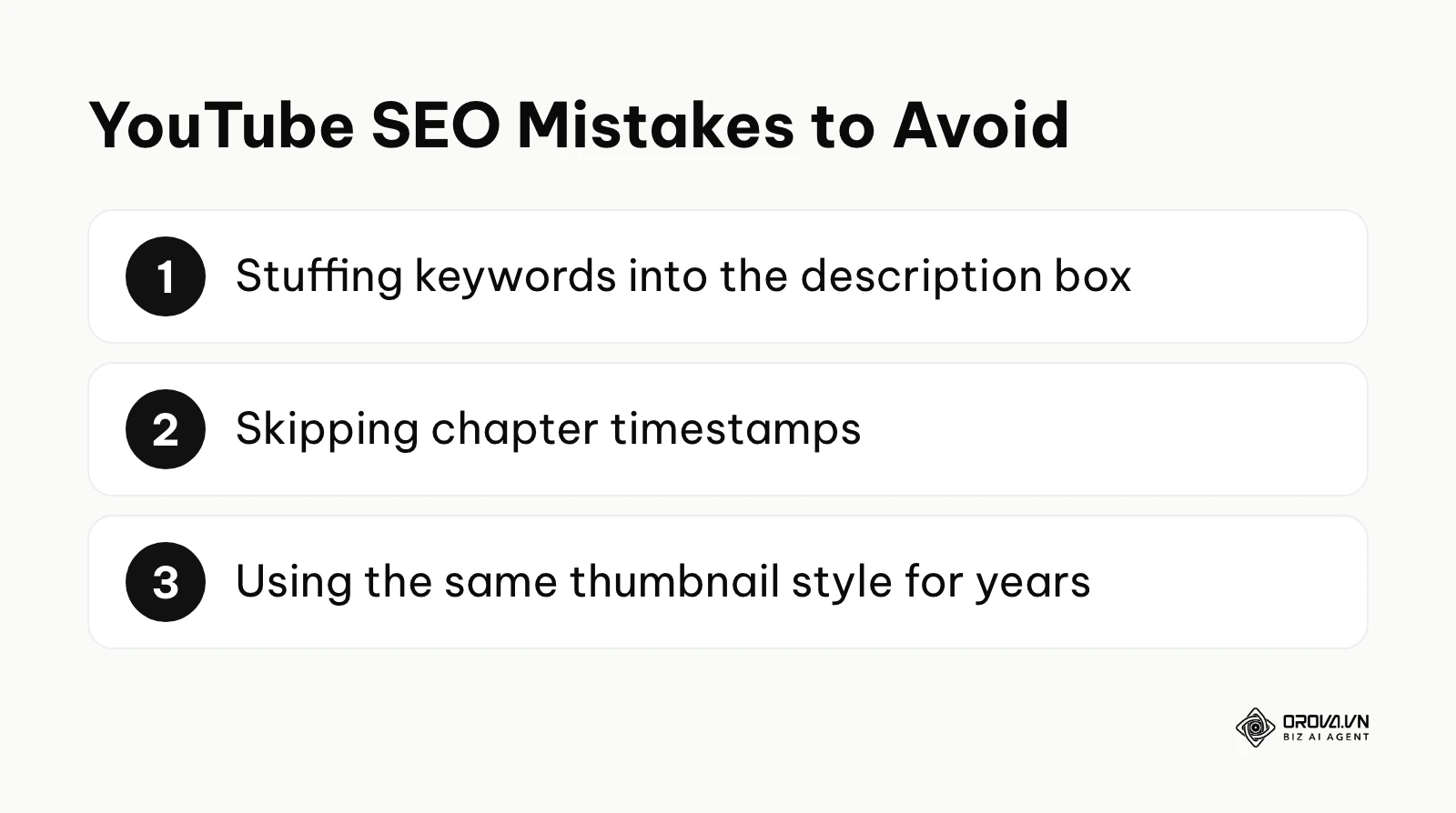 A checklist of three common YouTube SEO mistakes: keyword stuffing, skipping chapters, and never refreshing thumbnail style.