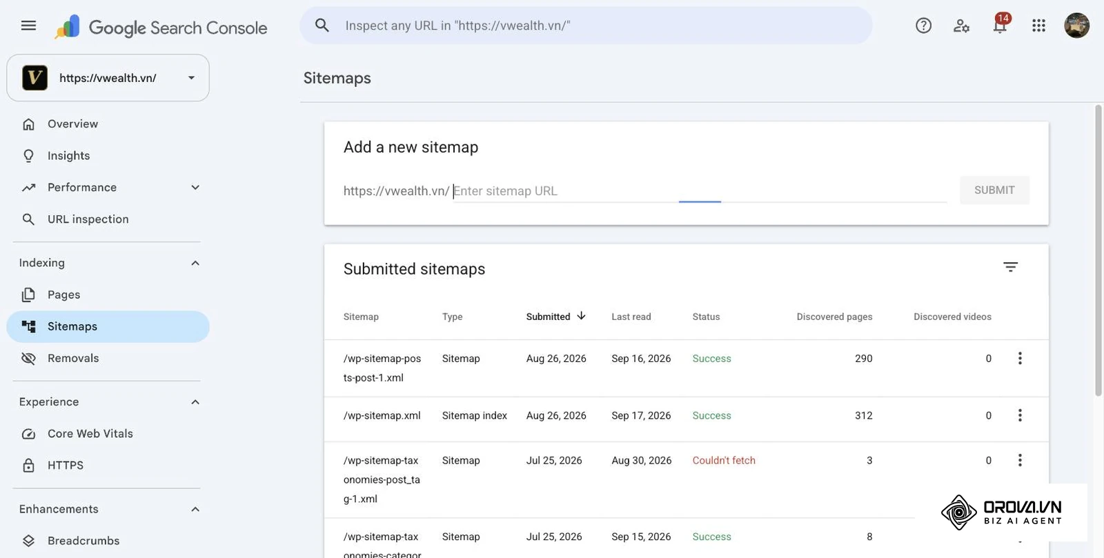 Rapport Sitemaps de Google Search Console de vwealth.vn avec le champ d'ajout et la liste des sitemaps envoyés