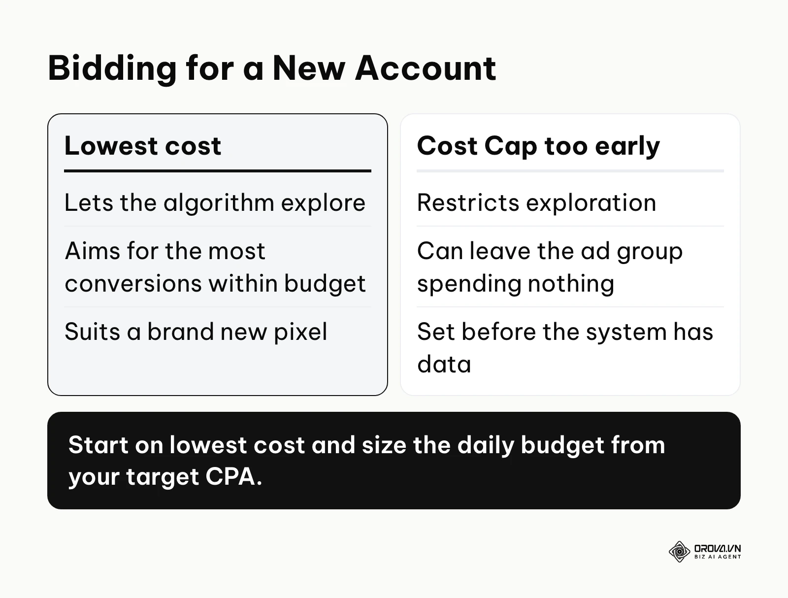 Comparison of lowest-cost bidding and an early Cost Cap for a new TikTok ad account